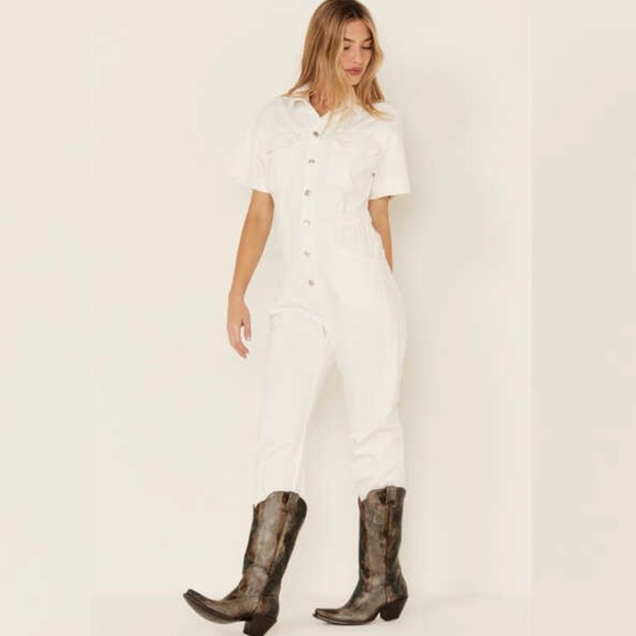 Free People 80s Style White Marci Utility Coveralls Denim Jean Jumpsuit - Picture 7 of 16